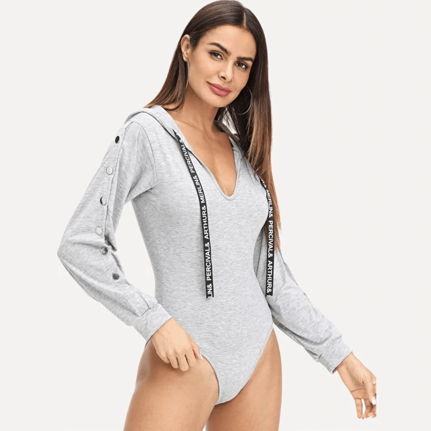 Sex Doll - Grey Drawstring Hooded Bodysuit - Product Image
