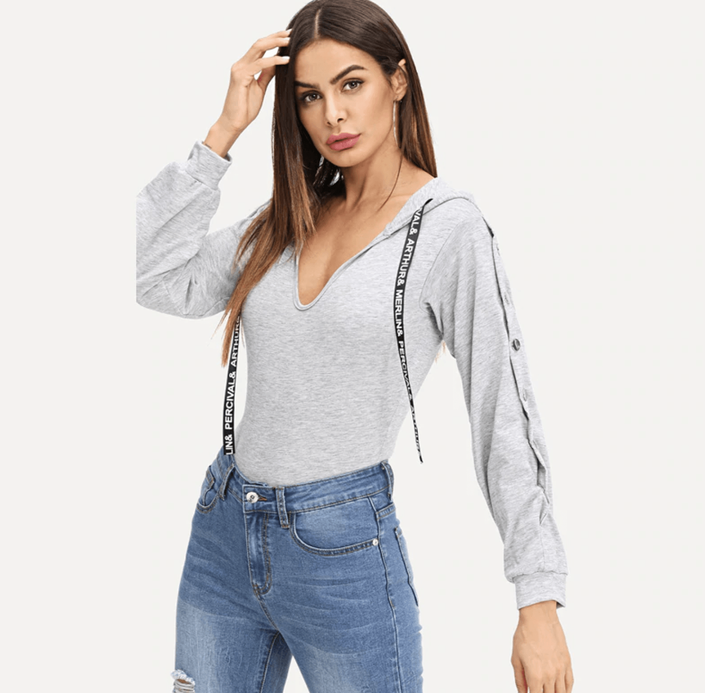 Sex Doll - Grey Drawstring Hooded Bodysuit - Product Image