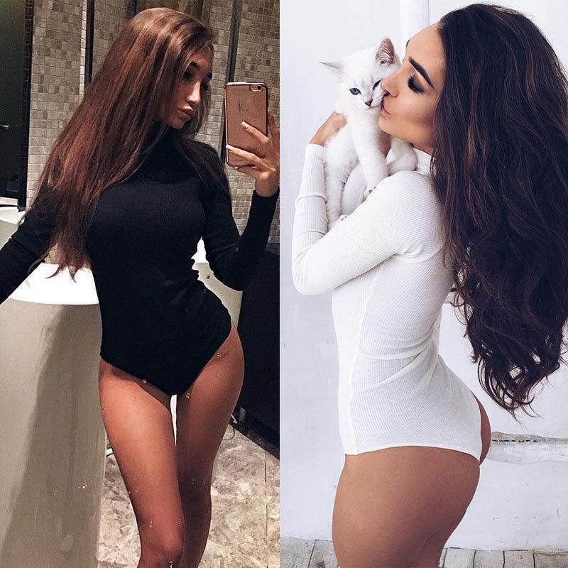 Sex Doll - Solid Turtleneck Slim Fit Long Sleeve Sexy Romper - Product Image